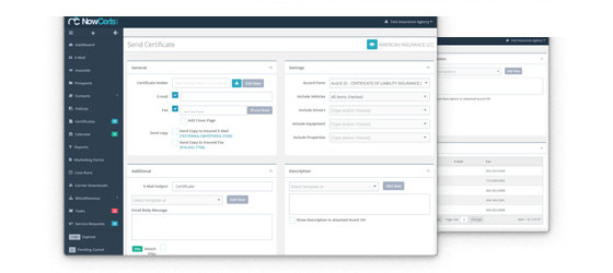 Insurance agency managements system send certificate