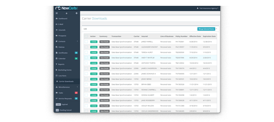 Insurance agency managements system carrier downloads list